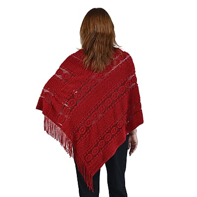 Red Diamond-Shaped Knitted Poncho with Beads (One Size Fits Most)