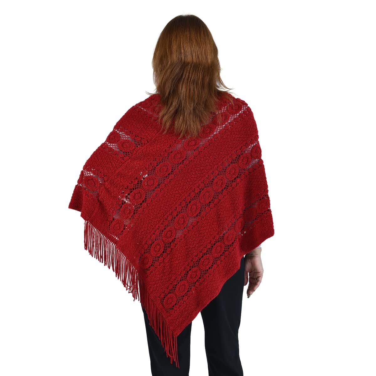 Red Diamond-Shaped Knitted Poncho with Beads (One Size Fits Most) image number 2