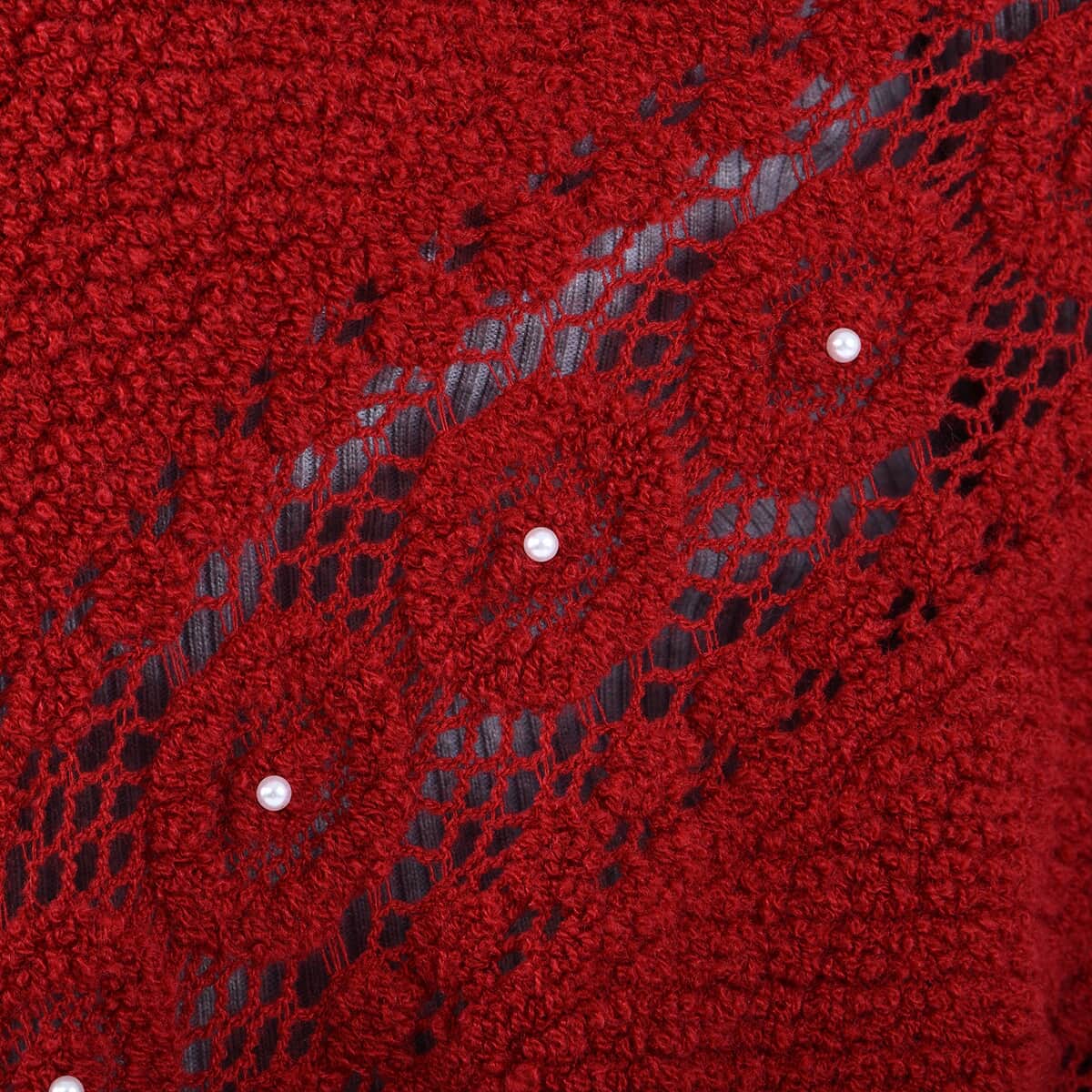Red Diamond-Shaped Knitted Poncho with Beads (One Size Fits Most) image number 3