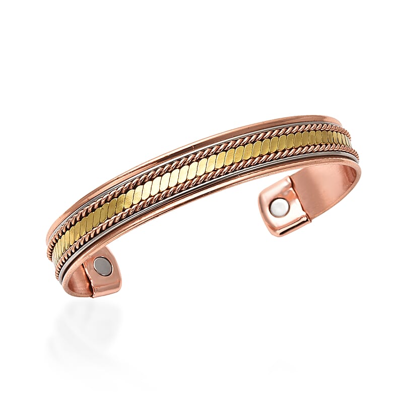 Magnetic By Design 3d Chain Pattern Cuff Bracelet | Durable Cuff Bracelet |Tricolor Cuff Bracelet | Cuff Bracelet in Silvertone, Rosetone And Goldtone (7.50 In)