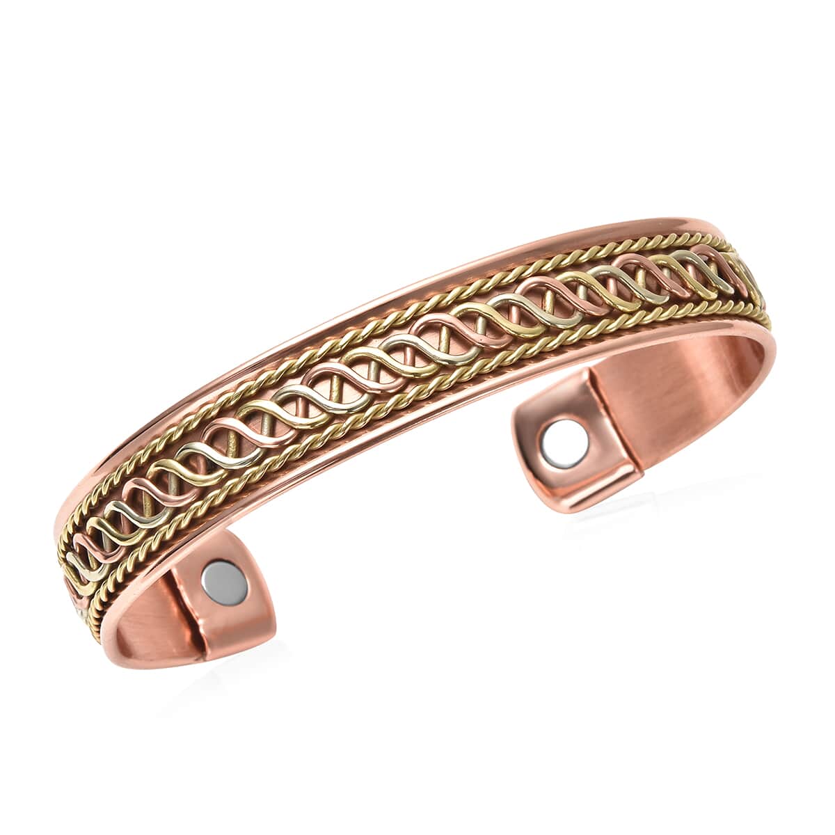 Magnetic By Design Spiral Chain Pattern Cuff Bracelet | Durable Cuff Bracelet |Tricolor Cuff Bracelet | Cuff Bracelet in Silvertone, Rosetone And Goldtone (7.50 In) image number 0