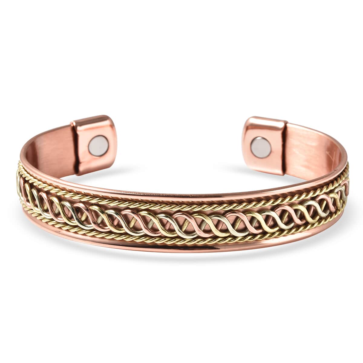 Magnetic By Design Spiral Chain Pattern Cuff Bracelet | Durable Cuff Bracelet |Tricolor Cuff Bracelet | Cuff Bracelet in Silvertone, Rosetone And Goldtone (7.50 In) image number 3