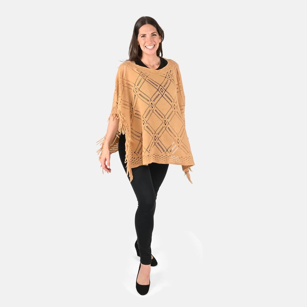 PASSAGE knitted Beige Solid Poncho with Tassels (Acrylic, One Size Fits Most, 33.5"x24") image number 0