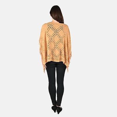 Passage Knitted Beige Poncho with Tassels (One Size Fits Most)
