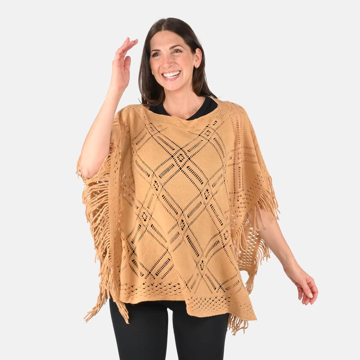 PASSAGE knitted Beige Solid Poncho with Tassels (Acrylic, One Size Fits Most, 33.5"x24") image number 3
