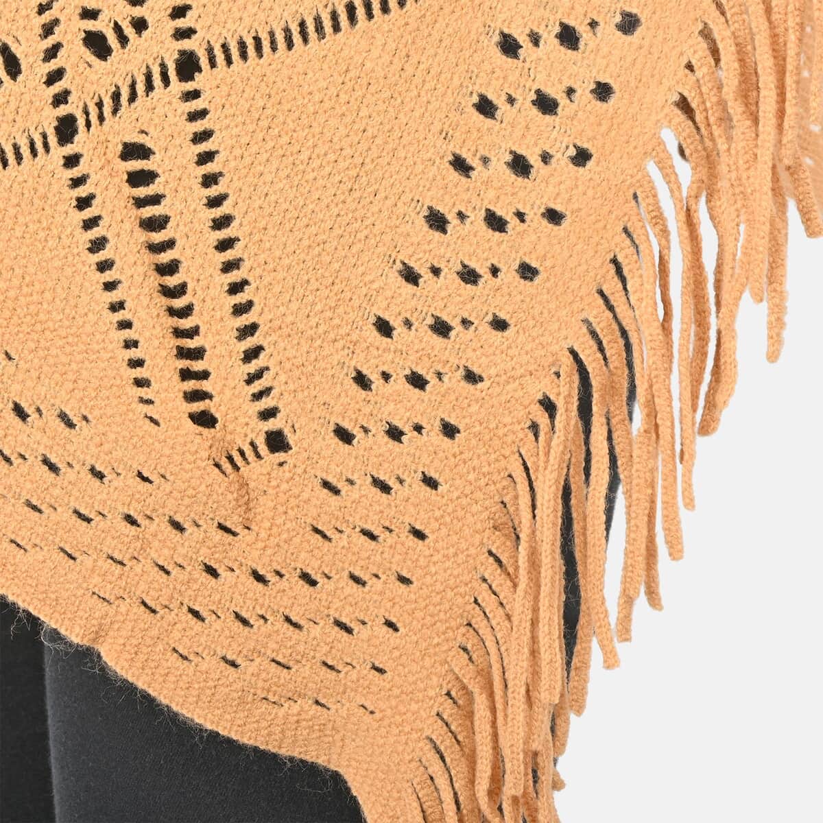 PASSAGE knitted Beige Solid Poncho with Tassels (Acrylic, One Size Fits Most, 33.5"x24") image number 4