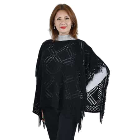 PASSAGE Knitted Black Poncho with Tassels (One Size Fits Most) image number 0