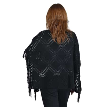 PASSAGE Knitted Black Poncho with Tassels (One Size Fits Most) image number 1