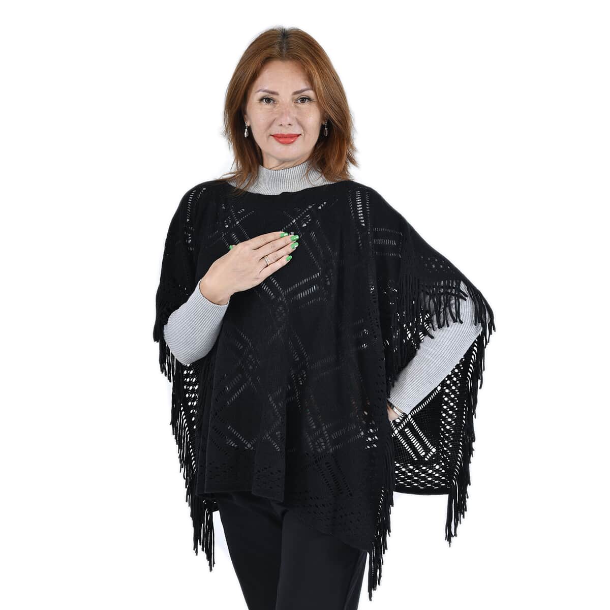 PASSAGE Knitted Black Poncho with Tassels (One Size Fits Most) image number 2