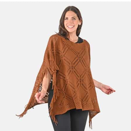 Passage Knitted Brown Poncho with Tassels (One Size Fits Most) image number 3