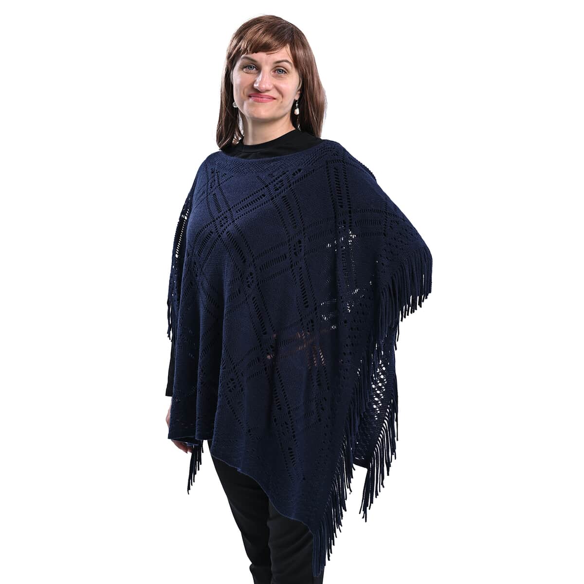 Passage Knitted Navy Poncho with Tassels (One Size Fits Most) image number 0