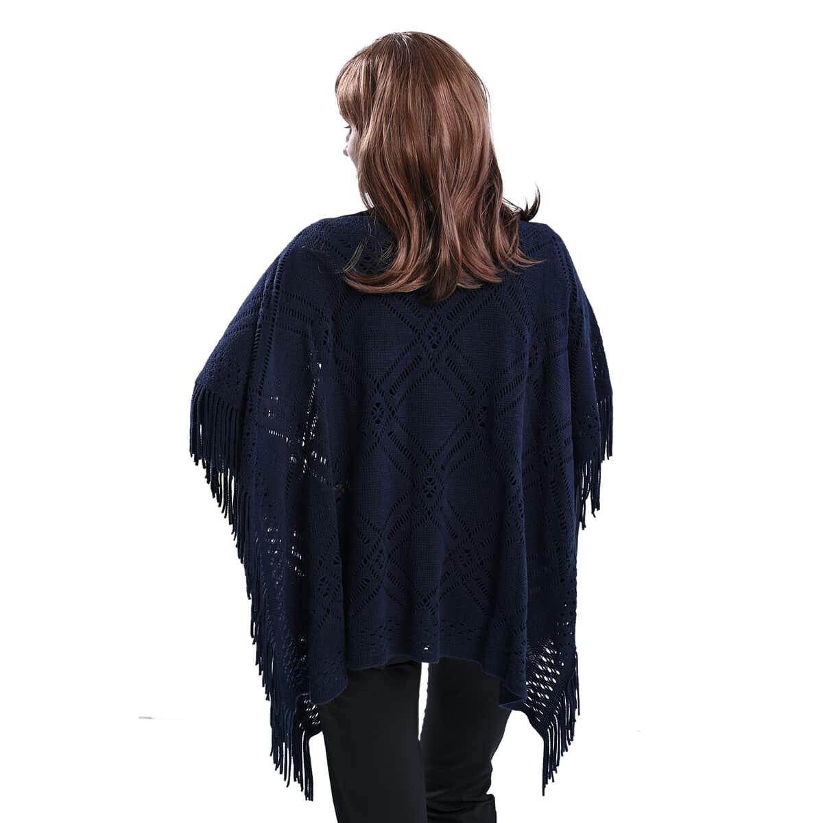 Passage Knitted Navy Poncho with Tassels (One Size Fits Most) image number 1