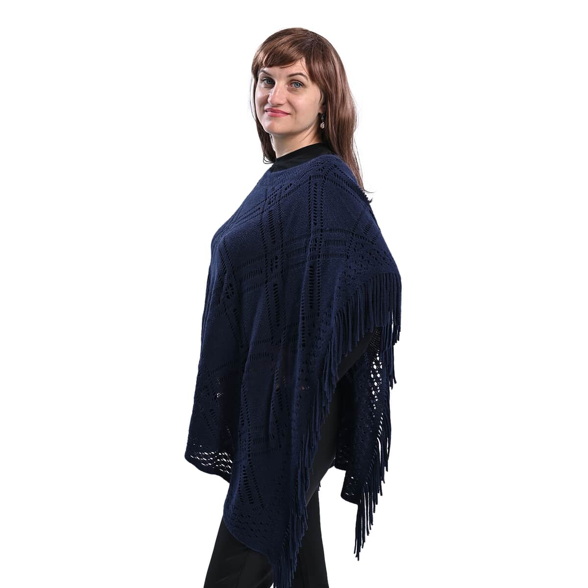 Passage Knitted Navy Poncho with Tassels (One Size Fits Most) image number 2