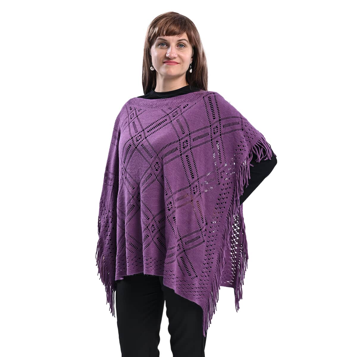 Passage Knitted Purple Poncho with Tassels (One Size Fits Most) image number 0