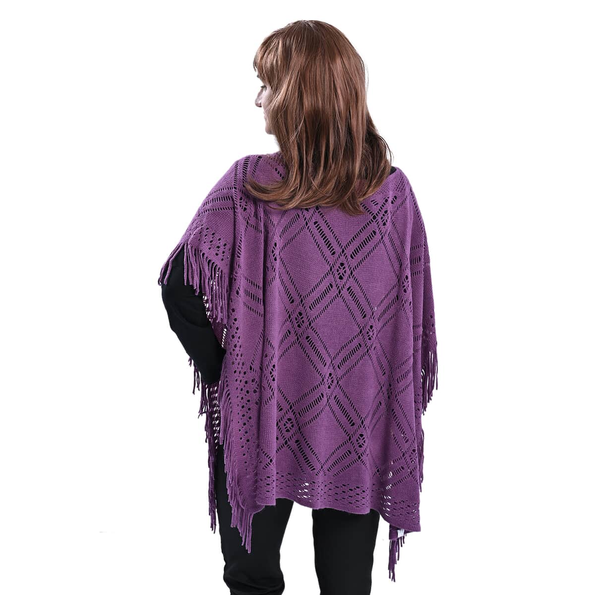 Passage Knitted Purple Poncho with Tassels (One Size Fits Most) image number 1