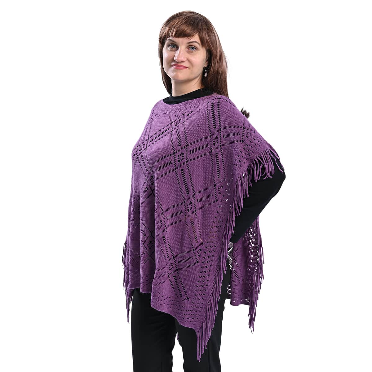 Passage Knitted Purple Poncho with Tassels (One Size Fits Most) image number 2