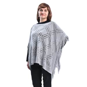 Passage Knitted Light Gray Poncho with Tassels (One Size Fits Most)