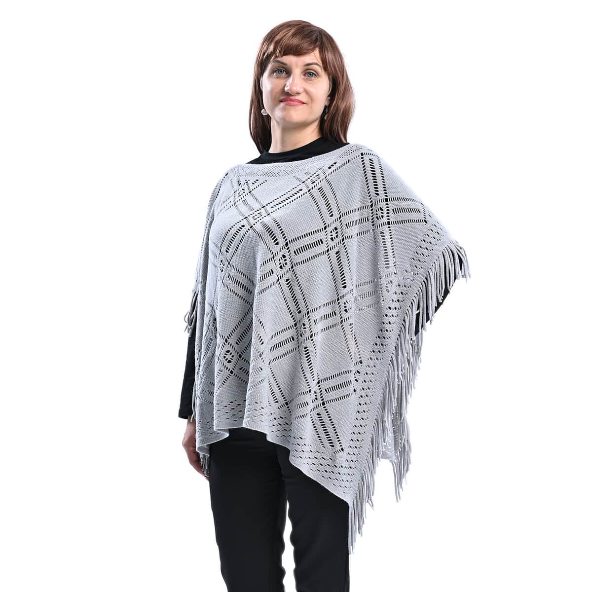 Passage Knitted Light Gray Poncho with Tassels (One Size Fits Most) image number 0