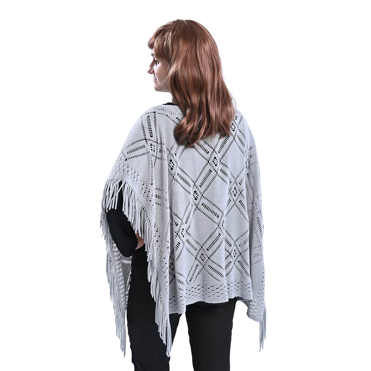 Passage Knitted Light Gray Poncho with Tassels (One Size Fits Most) image number 1
