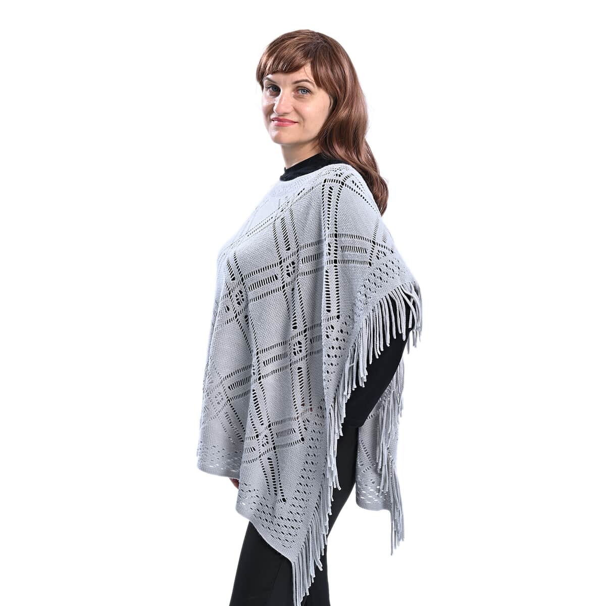 Passage Knitted Light Gray Poncho with Tassels (One Size Fits Most) image number 2