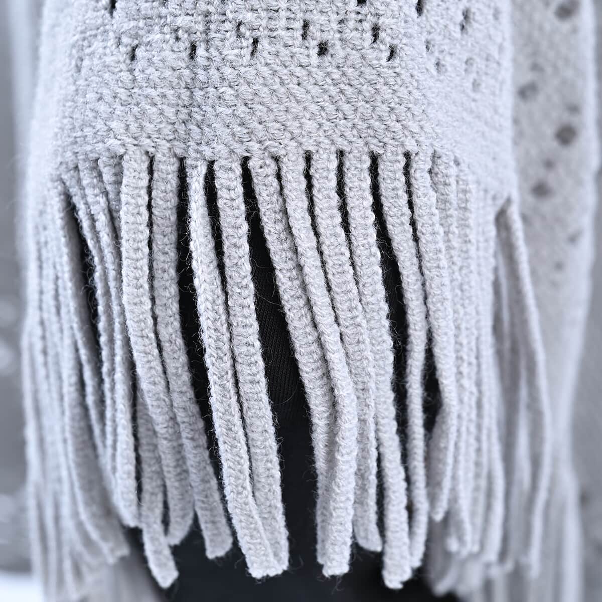 Passage Knitted Light Gray Poncho with Tassels (One Size Fits Most) image number 4