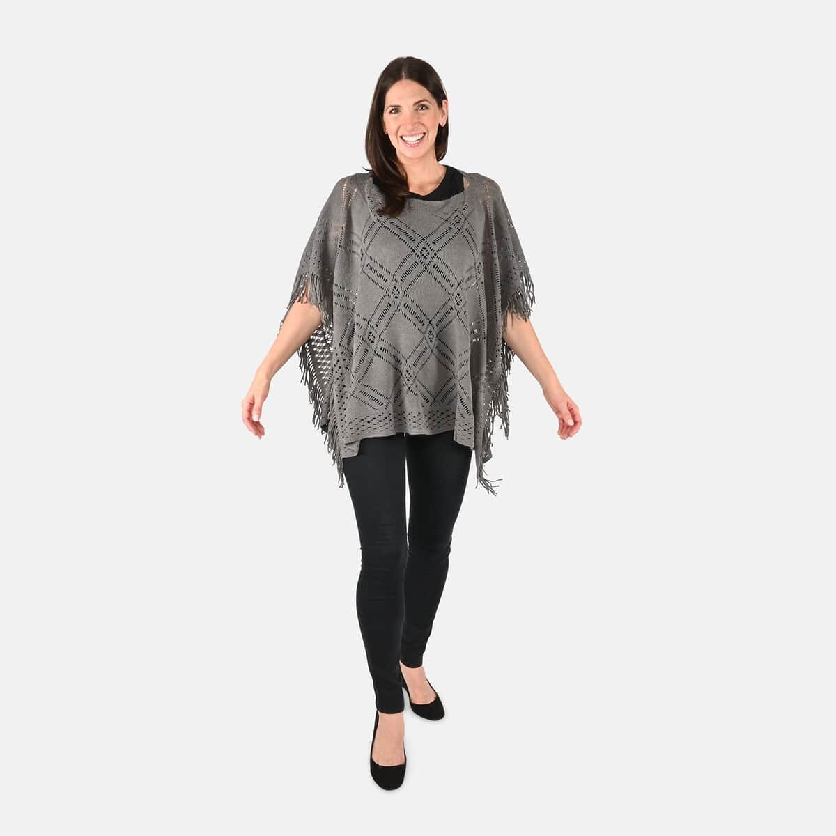 Passage Knitted Dark Gray Poncho with Tassels (One Size Fits Most) image number 0