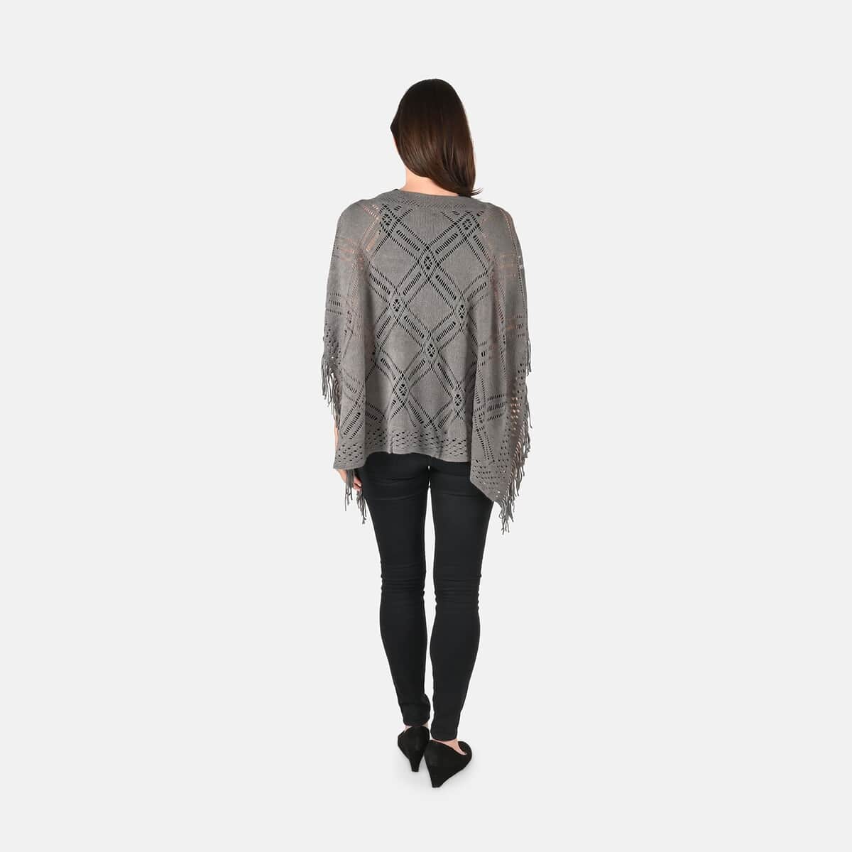 Passage Knitted Dark Gray Poncho with Tassels (One Size Fits Most) image number 1