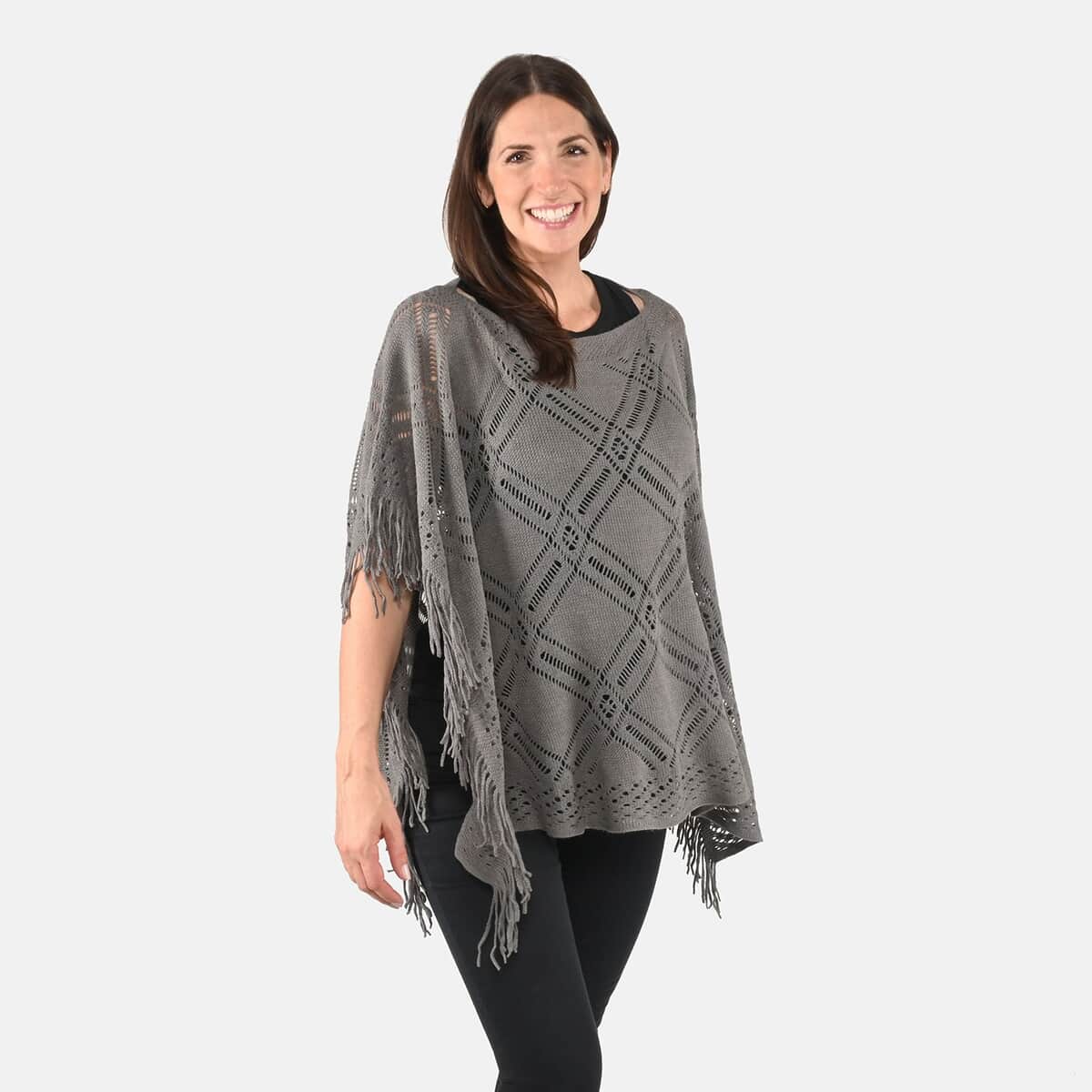 Passage Knitted Dark Gray Poncho with Tassels (One Size Fits Most) image number 3