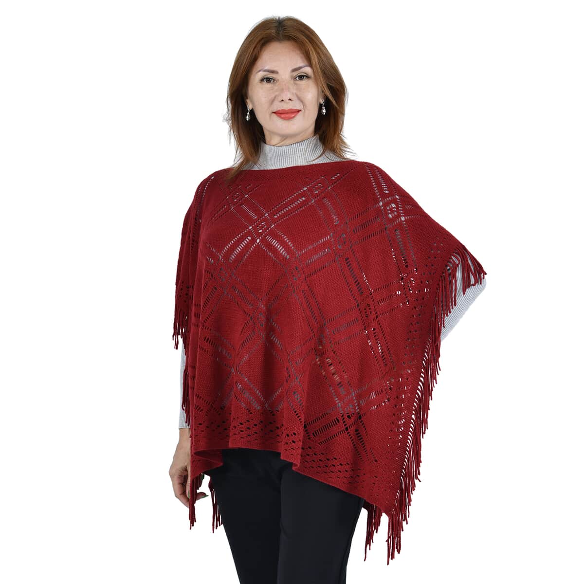 Passage Knitted Burgundy Poncho with Tassels (One Size Fits Most) image number 0