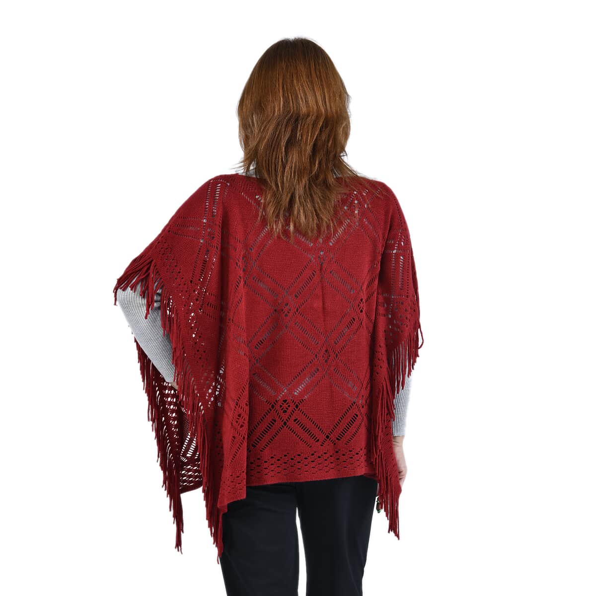Passage Knitted Burgundy Poncho with Tassels (One Size Fits Most) image number 1