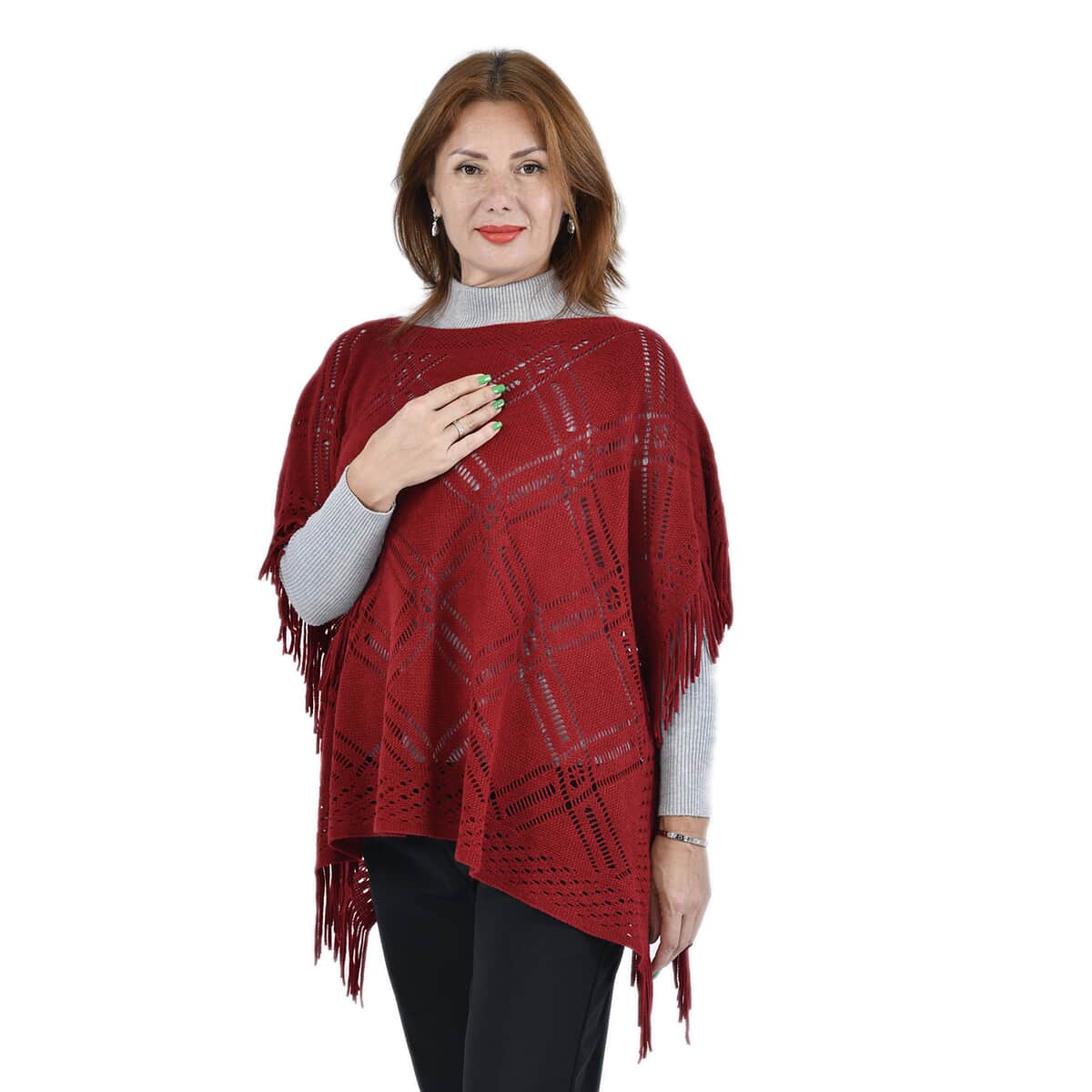 Passage Knitted Burgundy Poncho with Tassels (One Size Fits Most) image number 2