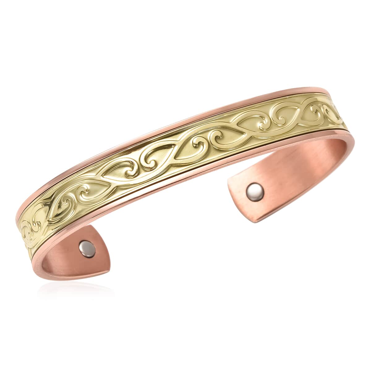 Magnetic By Design Swirl Pattern Cuff Bracelet | Durable Cuff Bracelet | Dual Tone Cuff Bracelet |Cuff Bracelet in Rosetone And Goldtone (7.50 In) image number 0