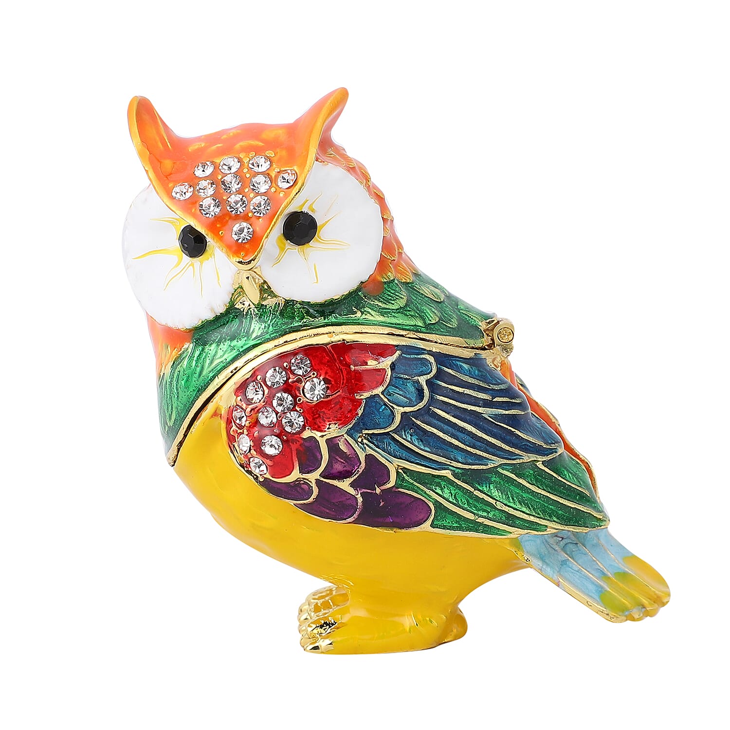 White and Black Austrian Crystal, Enameled Owl Shape Trinket Box in Goldtone