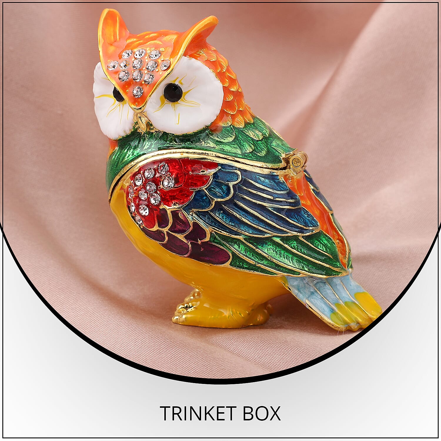 White and Black Austrian Crystal, Enameled Owl Shape Trinket Box in Goldtone