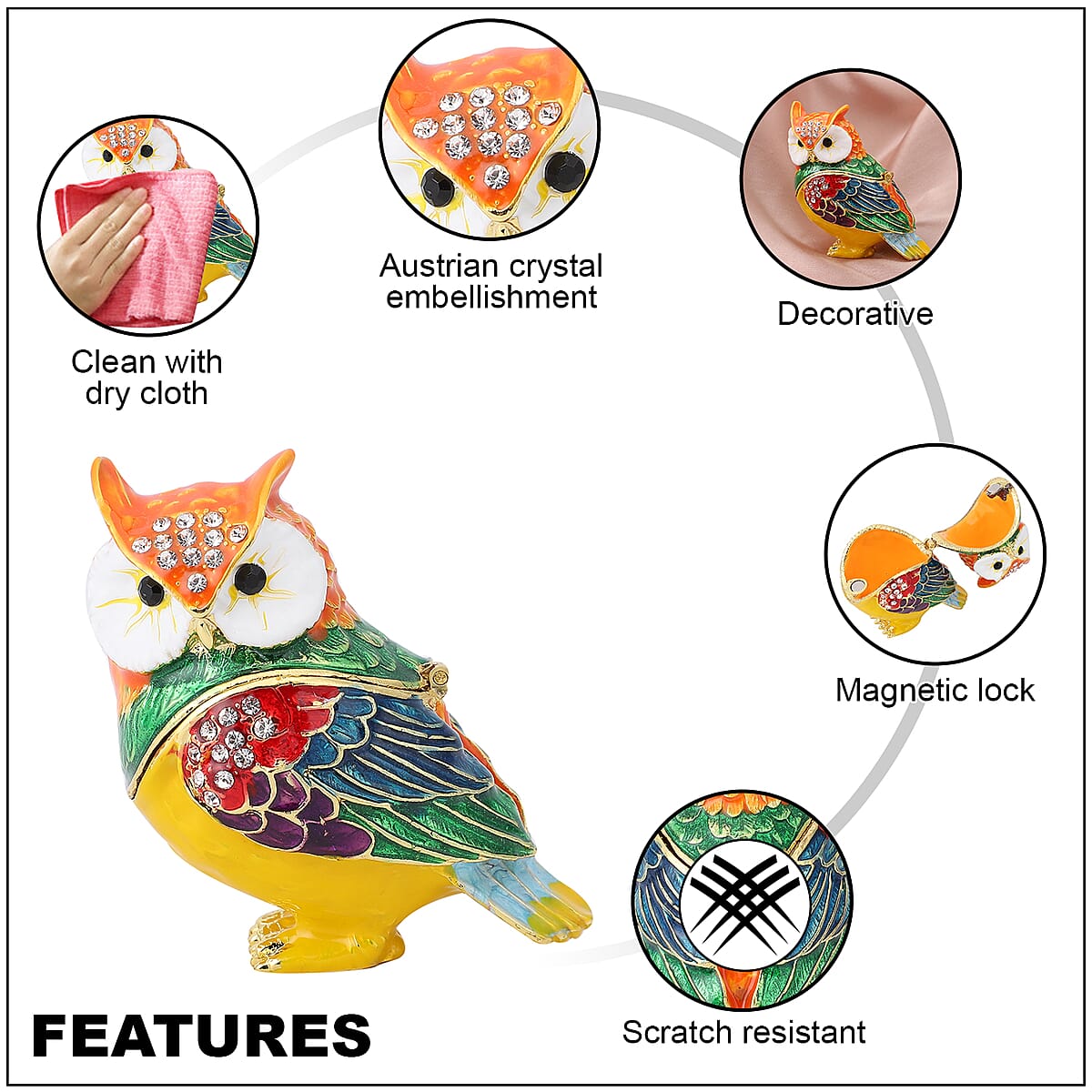 White and Black Austrian Crystal, Enameled Owl Shape Trinket Box in Goldtone image number 2