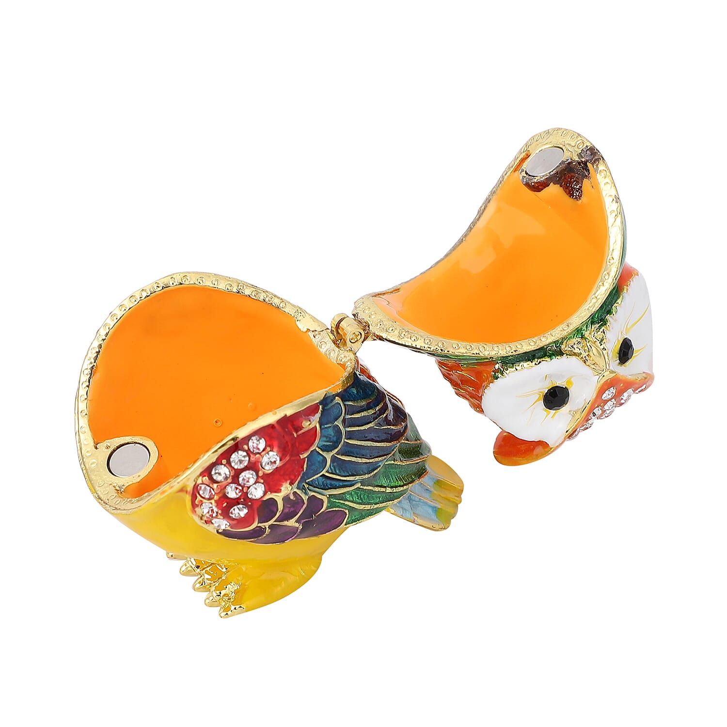 White and Black Austrian Crystal, Enameled Owl Shape Trinket Box in Goldtone
