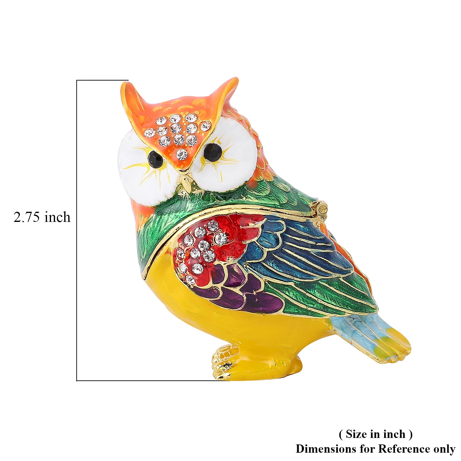 White and Black Austrian Crystal, Enameled Owl Shape Trinket Box in Goldtone