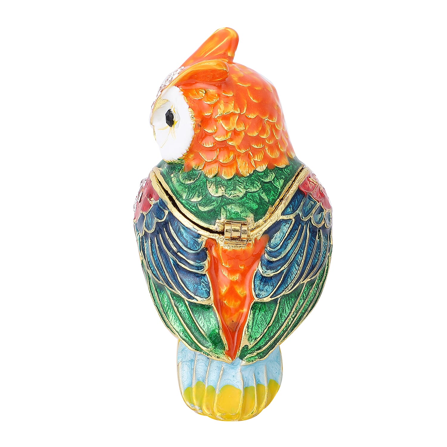 White and Black Austrian Crystal, Enameled Owl Shape Trinket Box in Goldtone