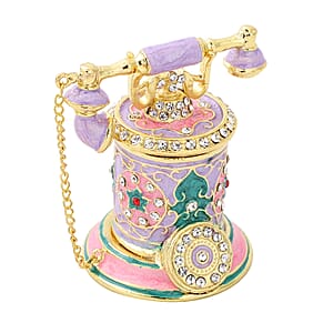 White Austrian Crystal Enameled Telephone Shape Trinket Box in Goldtone