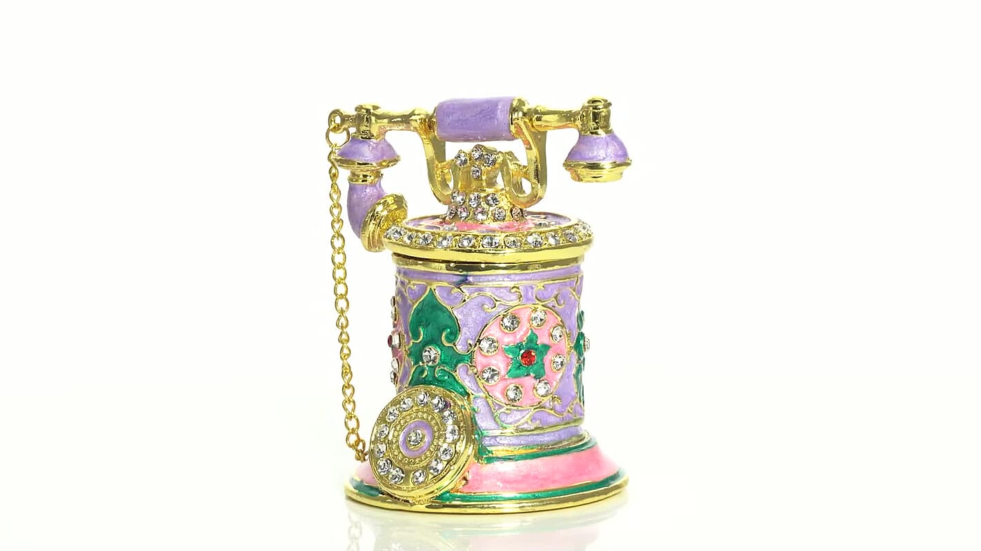 White Austrian Crystal Enameled Telephone Shape Trinket Box in Goldtone (1.97""Ãƒâ€”2.97"")