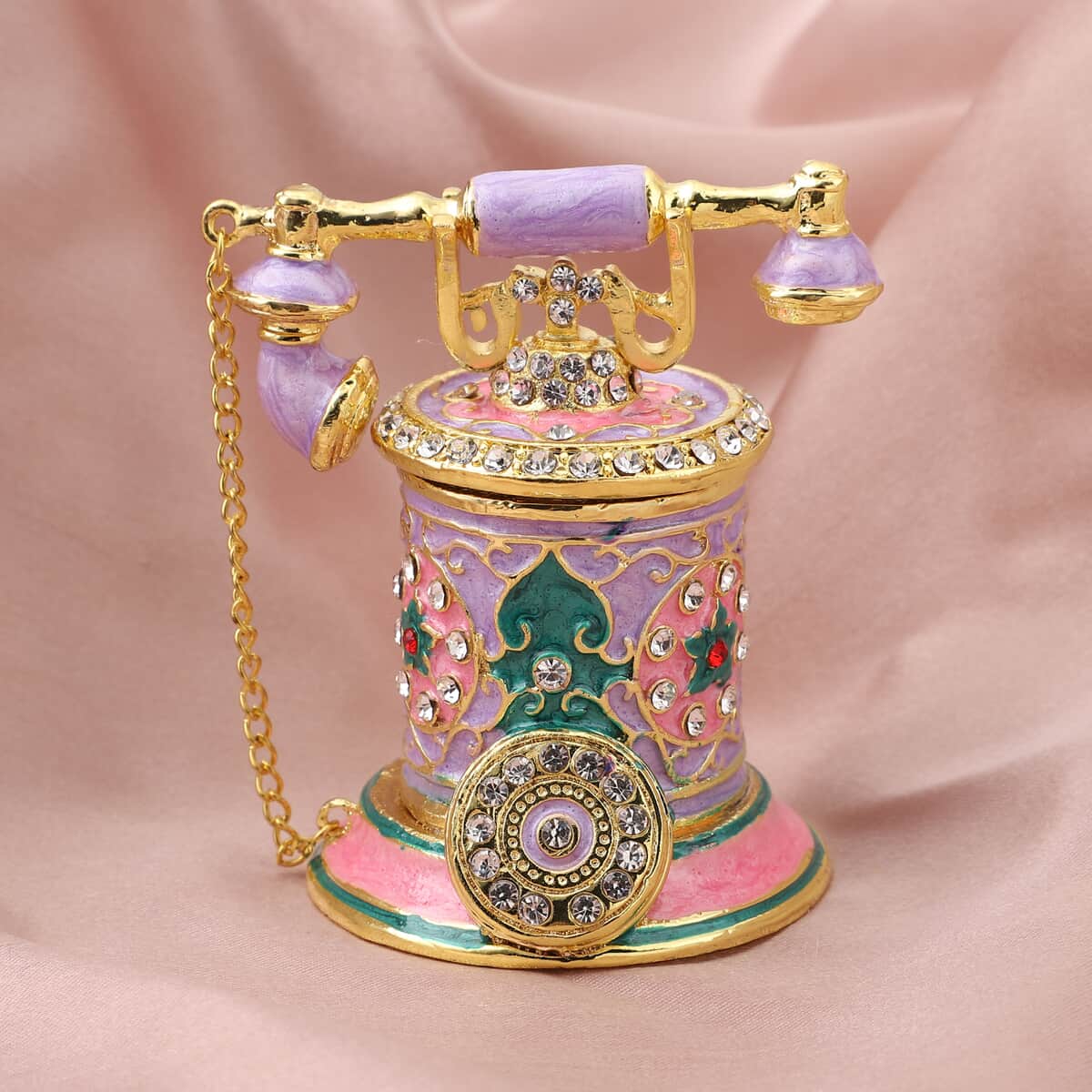 Doorbuster White Austrian Crystal Enameled Telephone Shape Trinket Box in Goldtone image number 1