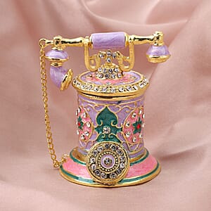 Livmore White Austrian Crystal Enameled Telephone Shape Trinket Box in Goldtone