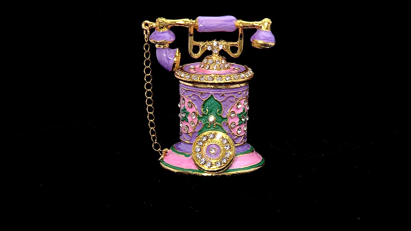 White Austrian Crystal Enameled Telephone Shape Trinket Box in Goldtone (1.97""Ãƒâ€”2.97"")