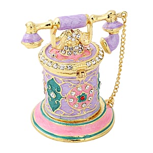 Livmore White Austrian Crystal Enameled Telephone Shape Trinket Box in Goldtone