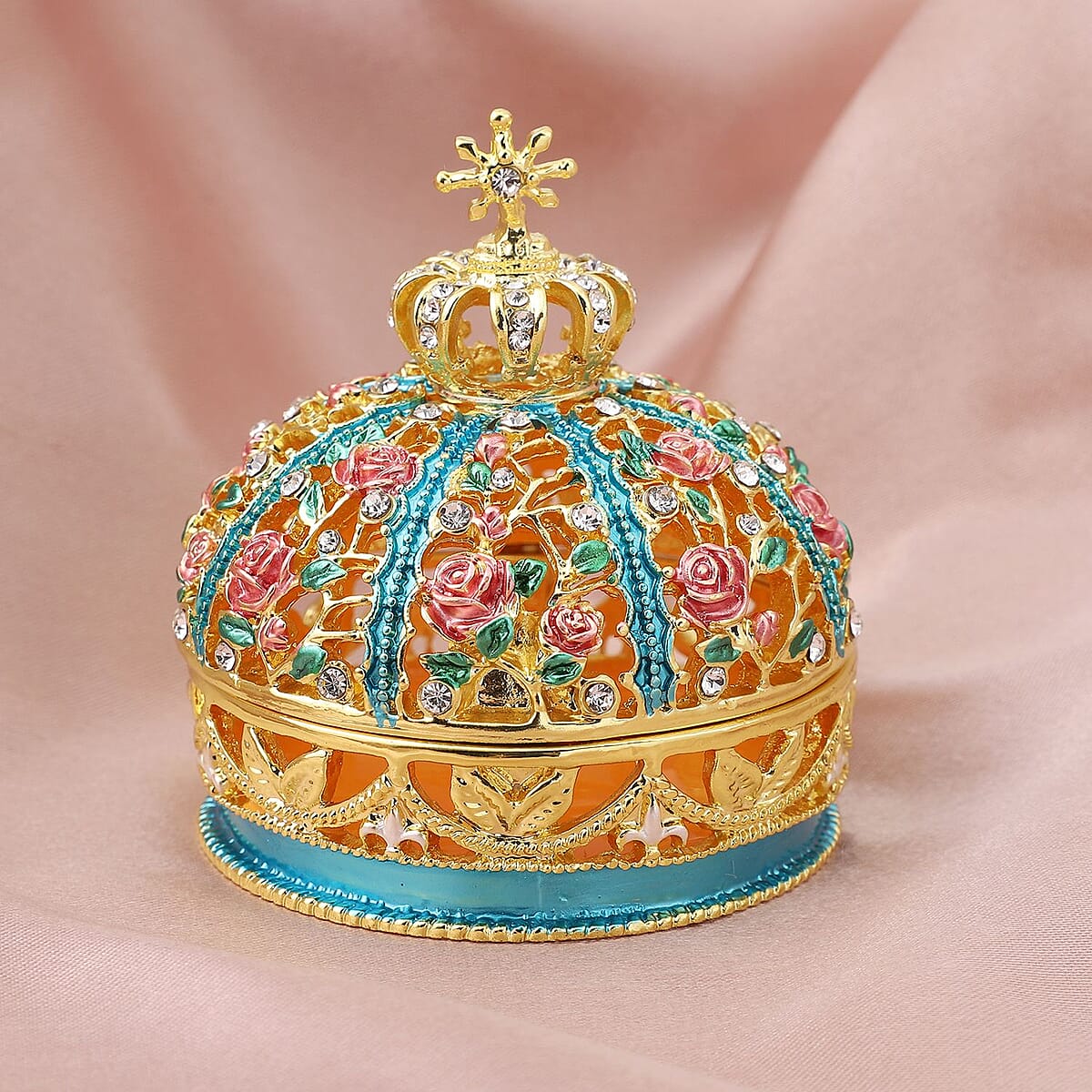 Livmore White Austrian Crystal and Enameled Queen Crown Trinket Box in Goldtone & Silvertone image number 1