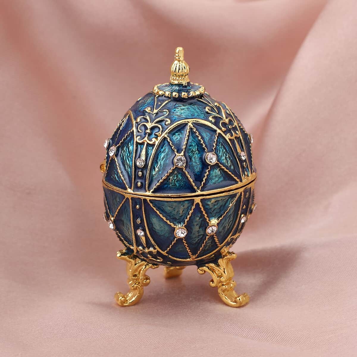 Doorbuster White Austrian Crystal and Blue Enameled Easter Egg Trinket Box in Goldtone & Silvertone image number 1