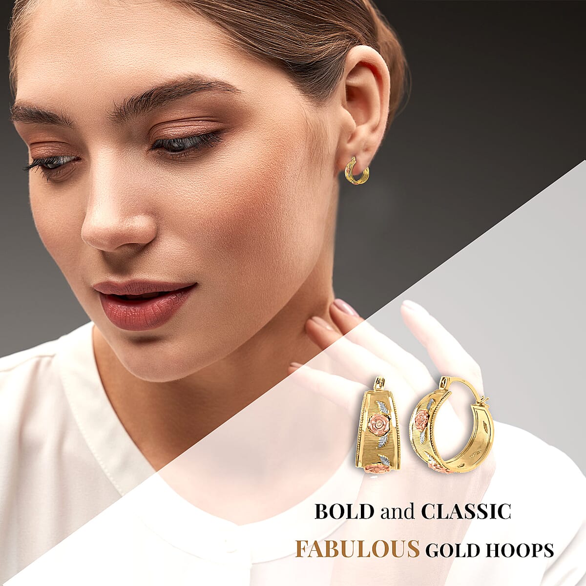 10K Rose Gold Earrings, Tri Color Earrings, Rose Earrings, Textured Earrings, Hoop Earrings, Hinged Hoop Earrings image number 3