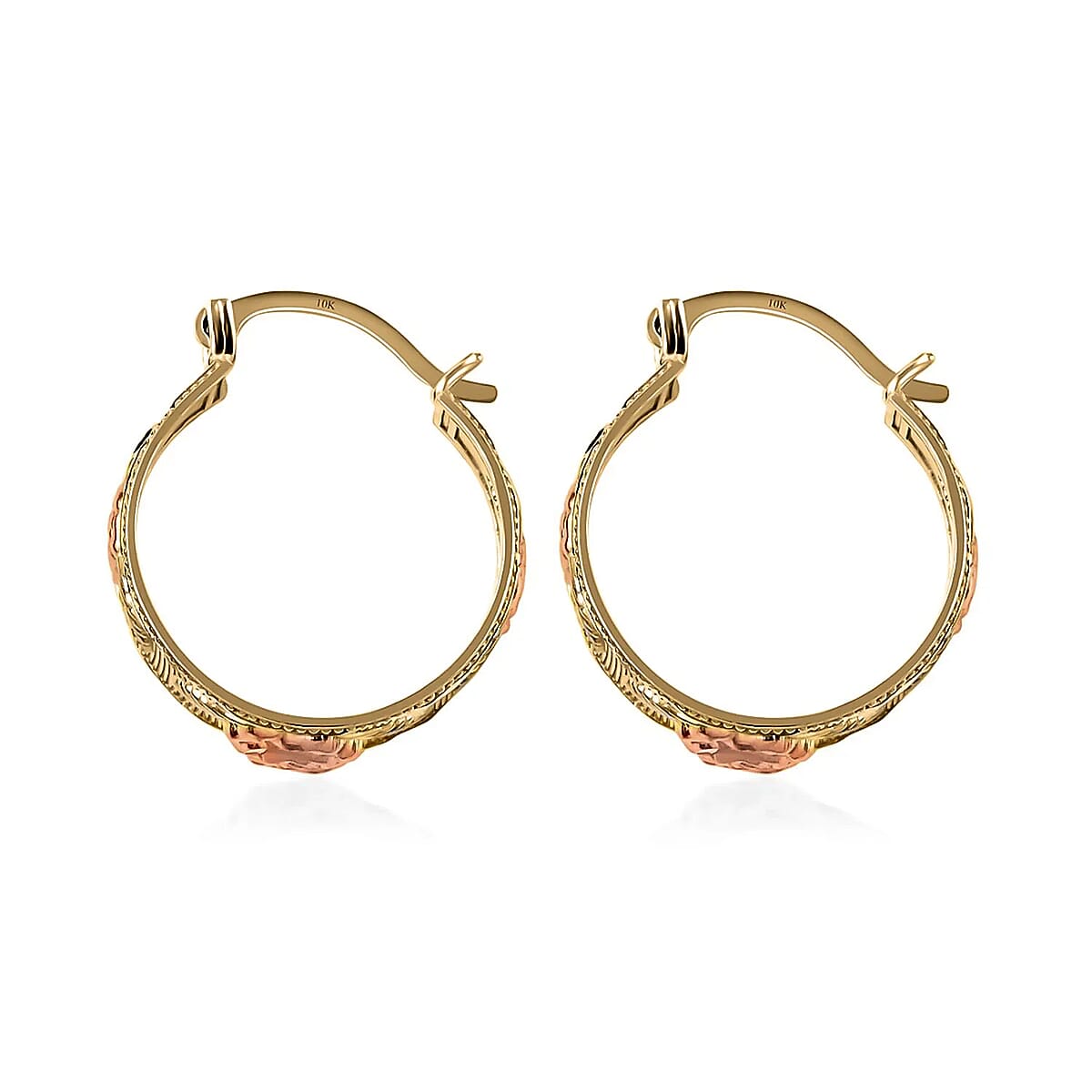 10K Rose Gold Earrings, Tri Color Earrings, Rose Earrings, Textured Earrings, Hoop Earrings, Hinged Hoop Earrings image number 5