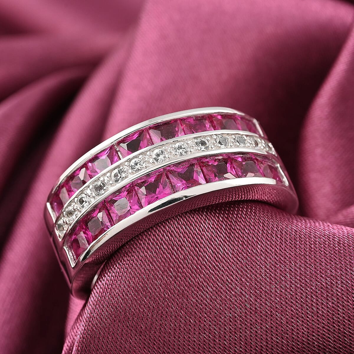 TLV Lab Created Ruby, Simulated Diamond Ring in Rhodium Over Sterling Silver (Size 7.0) 1.25 ctw image number 1