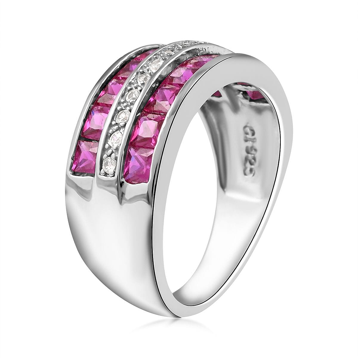 TLV Lab Created Ruby, Simulated Diamond Ring in Rhodium Over Sterling Silver (Size 7.0) 1.25 ctw image number 3